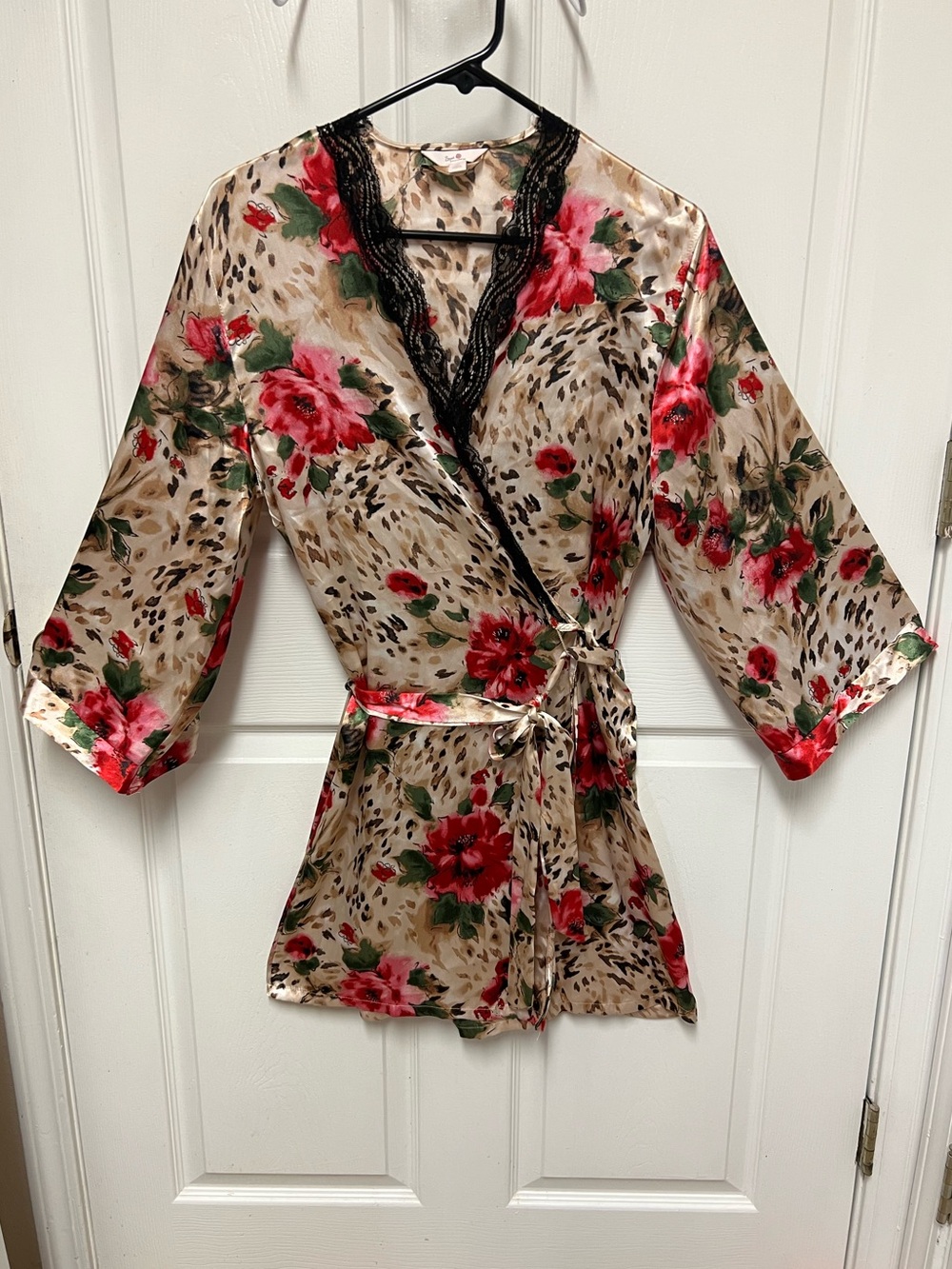 Secret Treasures Floral Satin Wrap Robe with Black Lace Trim - Beige & Red